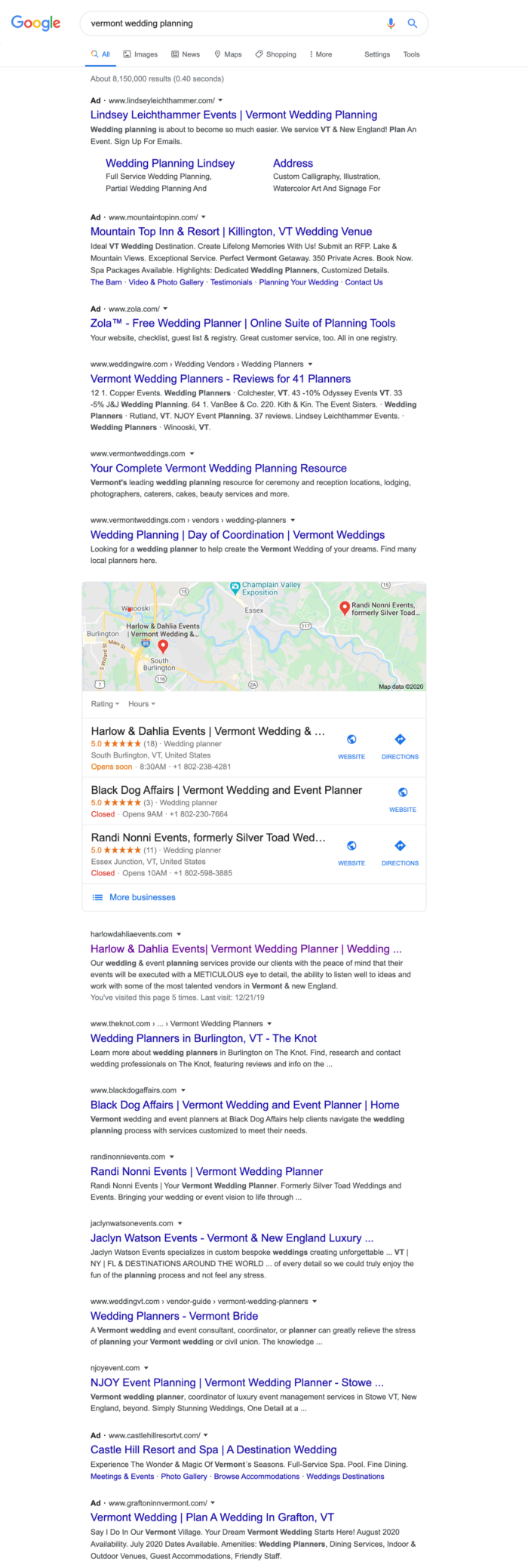 Event planner search results