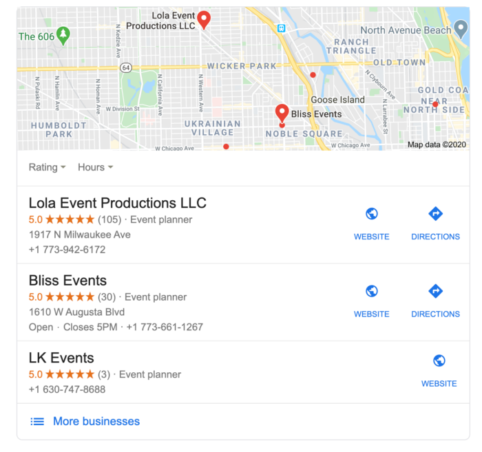Event planner results in Google Maps