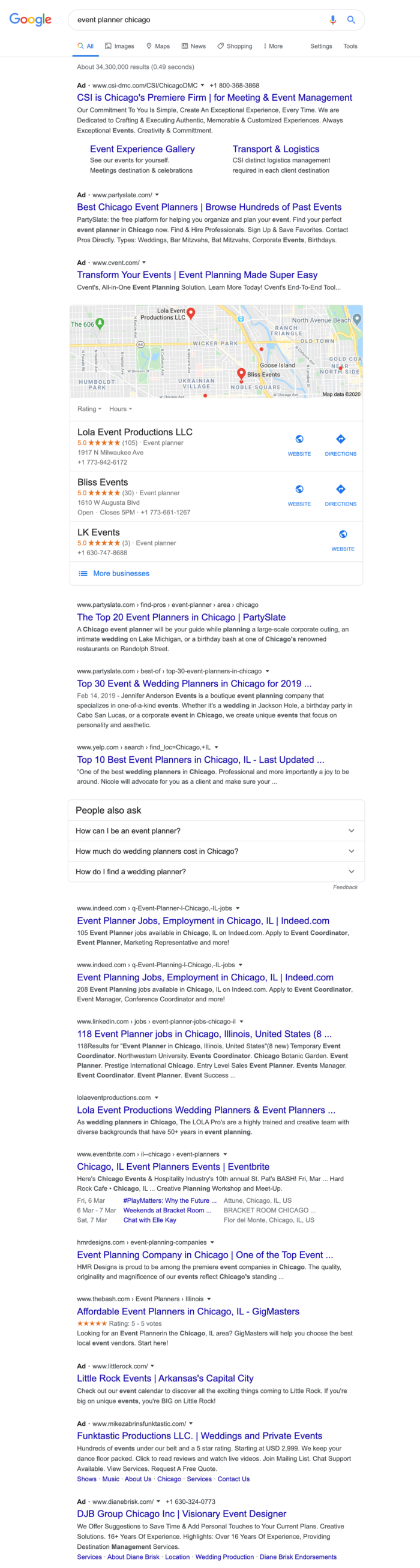 Event planner Google search results
