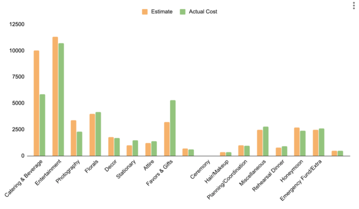Wedding Budget Spreadsheet Graph showing actual costs relative to estimated spend