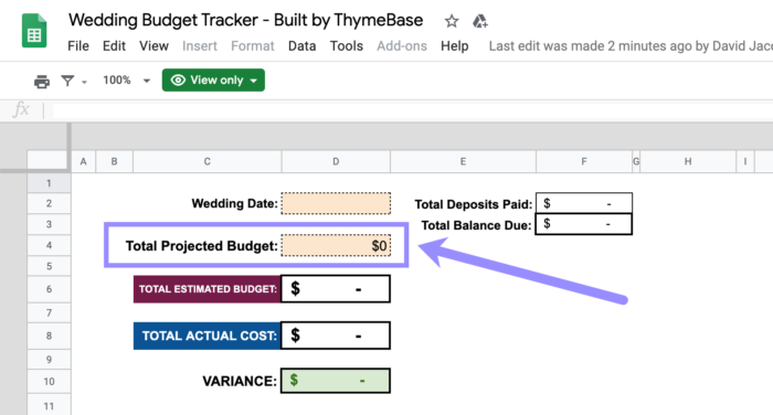 Wedding Budget Spreadsheet Total projected  Budget